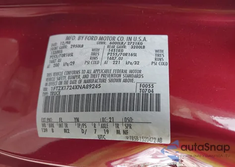 1999 Ford F150 Work Series/Xl/Xlt из США, поврежденный, VIN 1FTZX1724XNA89245